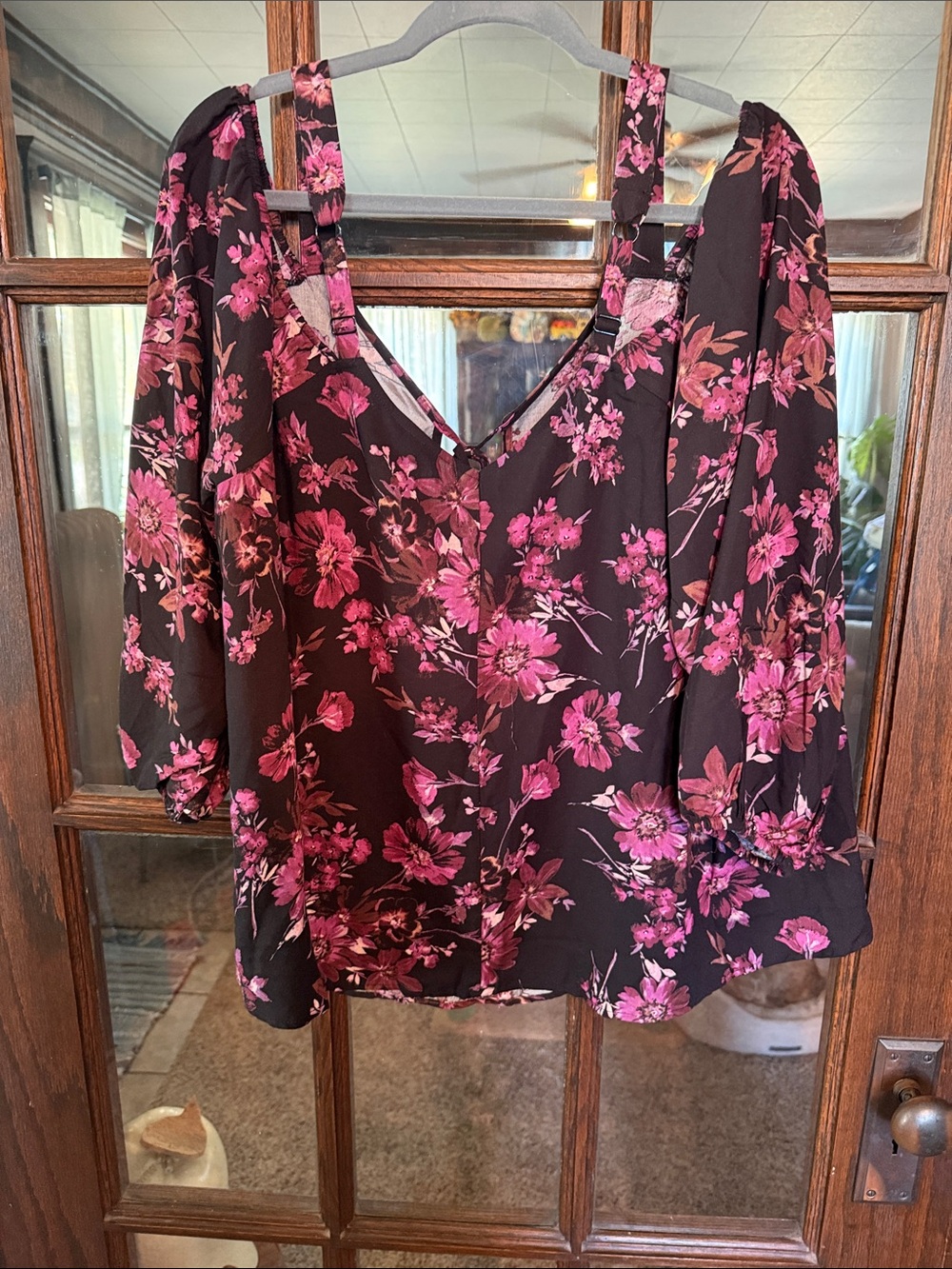 torrid Black Floral Peasant Blouse with Pink Blossoms - Picture 6 of 6
